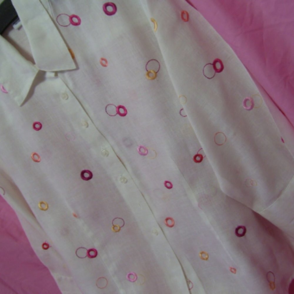 Alexandra Bartlett True Linen White Blouse Top Embroidery Yellow Pink Si…